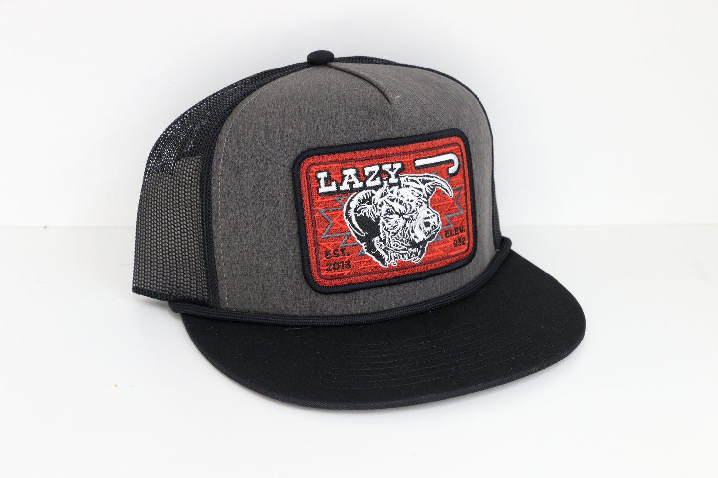 Lazy J Ranch Dark Grey & Black Red Cowpoke Classic Rope Trucker Hat