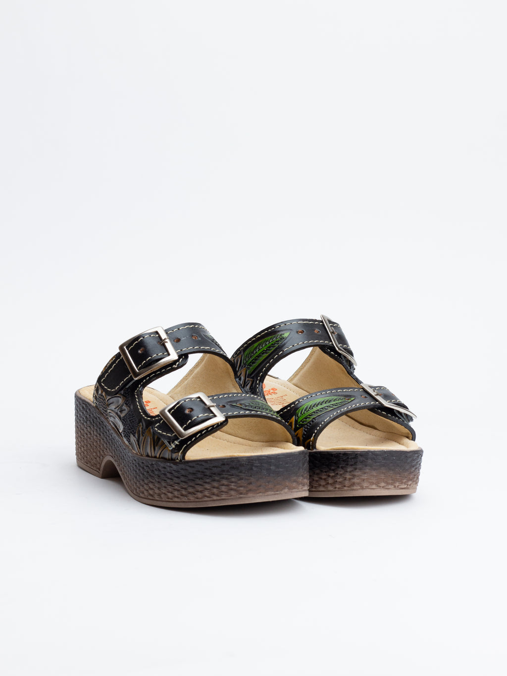 Hand-Tooled Flower Black Platform Sandals