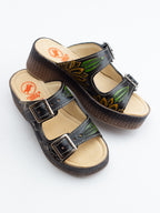Hand-Tooled Flower Black Platform Sandals